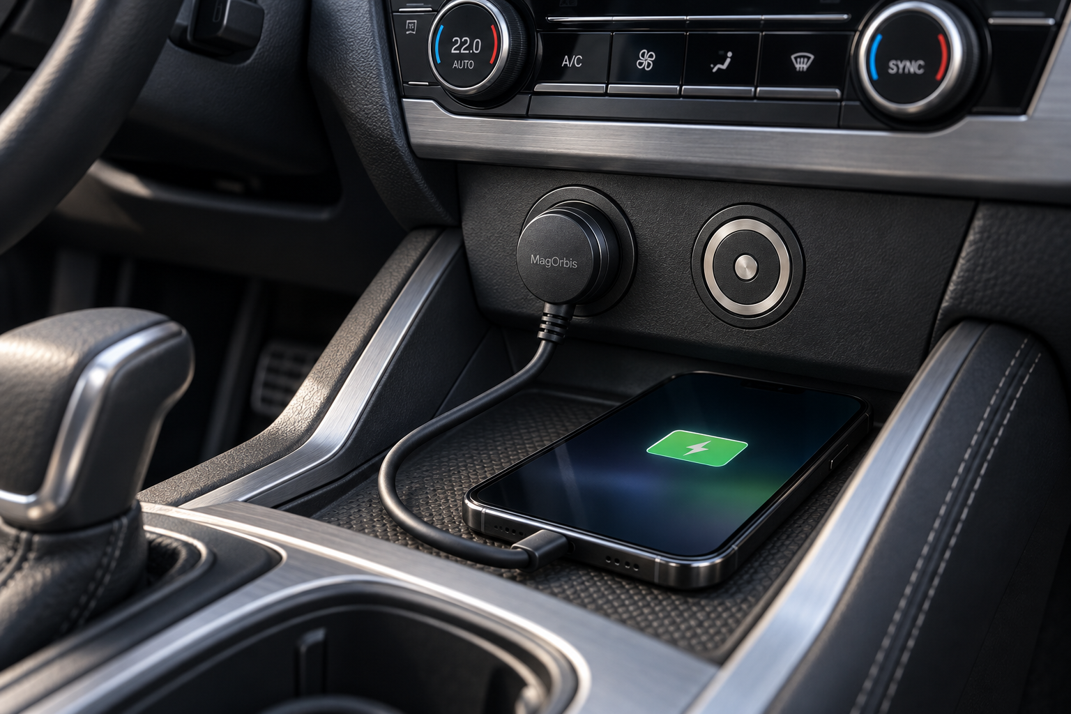 Concept of MagOrbis installed in a car console and connected to a smartphone