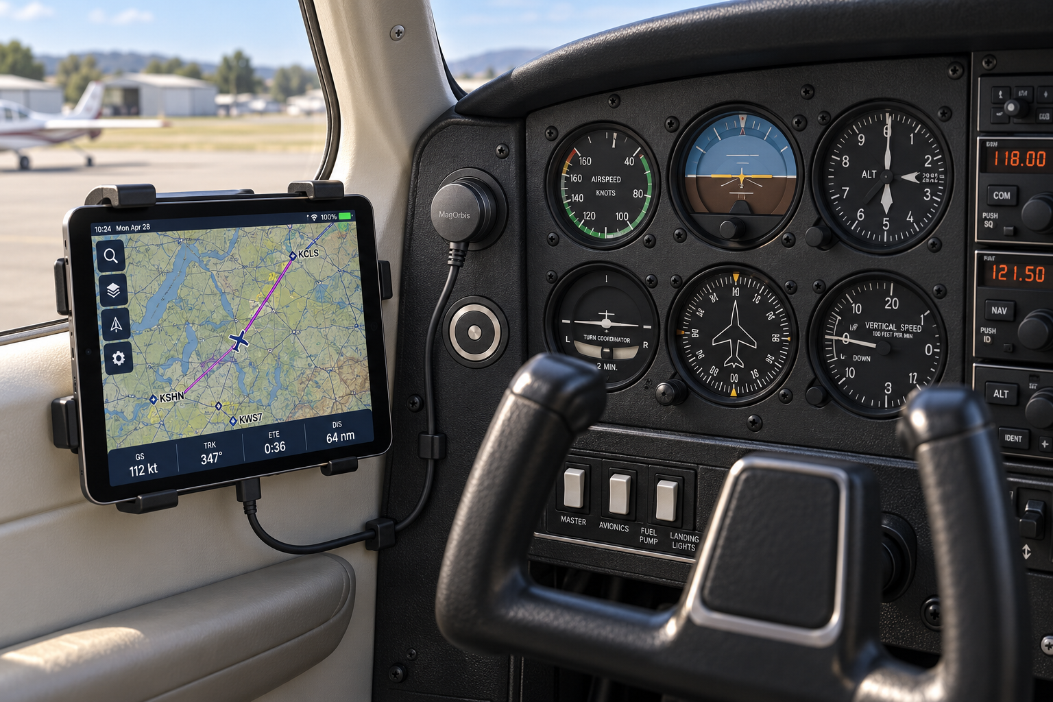 Concept of MagOrbis installed beside the pilot’s instruments in a light aircraft and powering a tablet